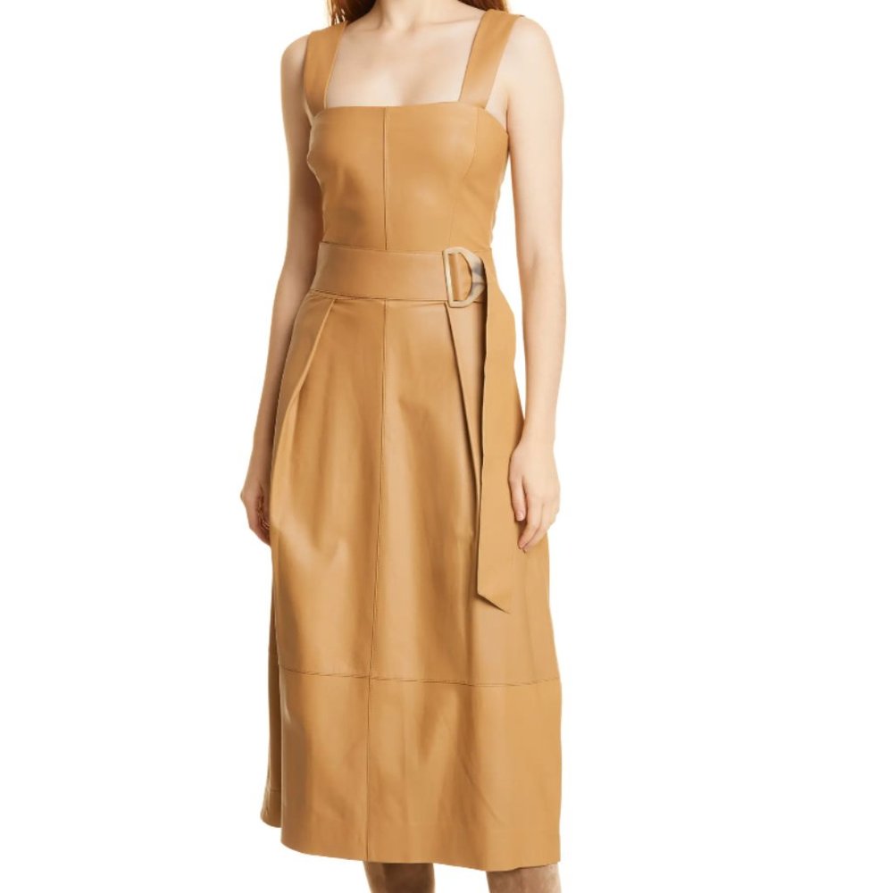 VINCE Belted Leather Tank Midi Dress,